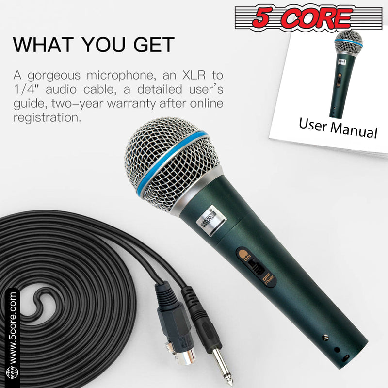 5 Core Microphone Karaoke XLR Wired Professional Studio Mic w ON/OFF Switch Integrated Pop Filter Dynamic Cardioid Unidirectional -BETA-9