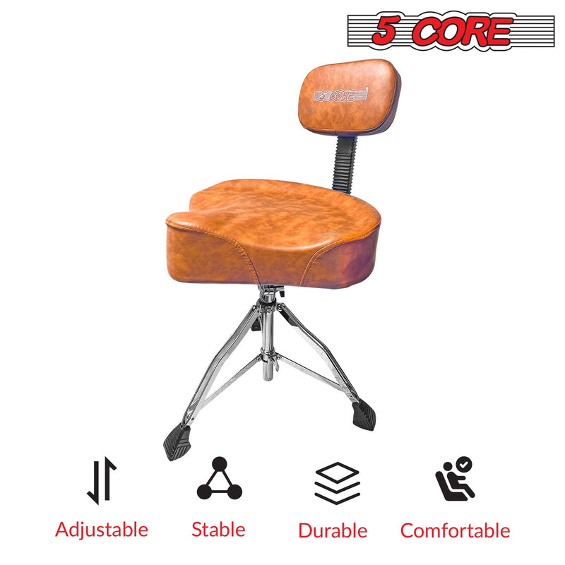 5 Core Drum Throne with Back Support Brown| Premium Height Adjustable Padded Drum Stool| Portable Drummer Throne with Anti-Slip Feet & Back rest| with two Drumsticks- DS CH BR REST-14