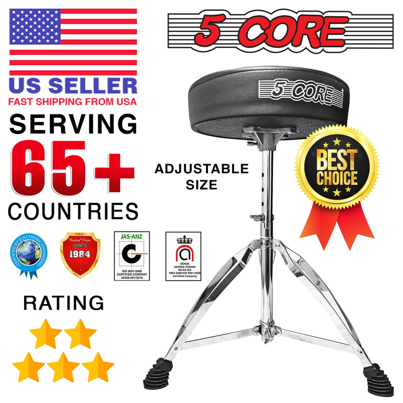5 Core Drum Throne Black| Height Adjustable Padded Seat Drum Stool| Folding Portable Drummer Throne with Anti-Slip Feet| with two Drumsticks, Drum Chair for Kids and Adults- DS CH BLK-17
