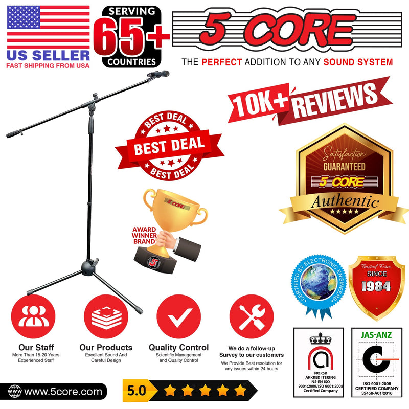 5 Core Foldable Tripod Microphone Stand - Universal Mic Mount, Height Adjustable from 36 to 65 Inch w/ Extending 30 Telescoping Boom Arm - Knob Tension Lock Mechanism w/ Mic Clip MS 080-11
