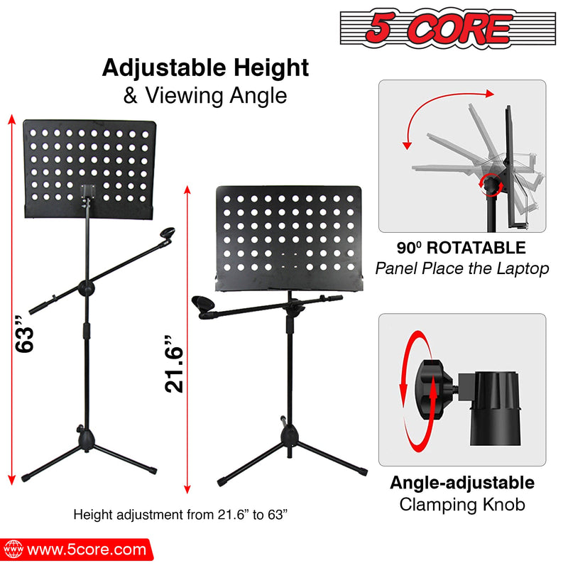 5 Core Sheet Music Stand With Mic Stand Holder - 3 IN 1 Professional Portable Music Stand with Folding Tray, Detachable Microphone Stand Dual-Use for Sheet Music & Projector Stand MUS MH-5