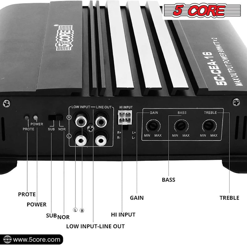 5 Core Car Amplifier 1800W Dual Channel Amplifiers Car Audio w MOSFET Power Supply Premium Amp with EQ Control Compact Car Audio System -CEA-16-11