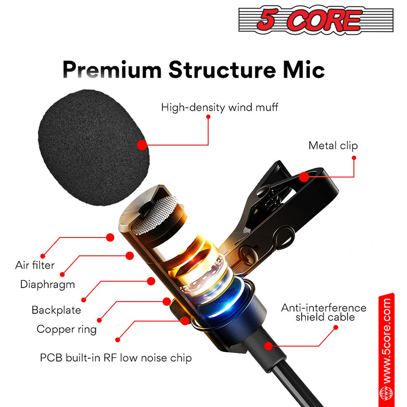 5 Core Professional Lavalier Microphone | Omnidirectional Condenser Mic with Adapter| for Podcasting, Recording, Vlogging, Compatible with Smartphone, DSLR, Camera, PC, Computer, Laptop- CM-WRD 50-4