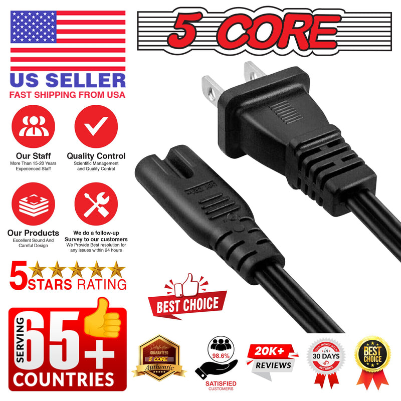 5 Core 2 Prong Extension Cord 6 Feet Durable Two Prong Extension Cable US AC 2 Prong Extension Cord Outdoor Heavy Duty Plug Extender -PP 1001-14