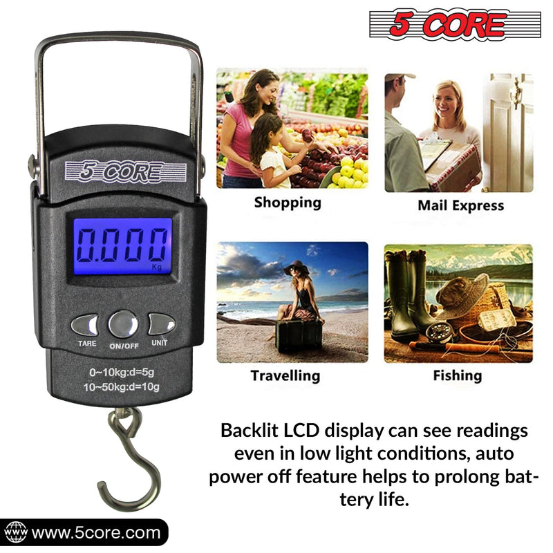 5 Core Fishing Gear And Equipment Luggage Scale 110lb Battery Operated W Lcd Built-in Measuring Tape All Weather Ice Fishing Gear Multipurpose -LS-006-10