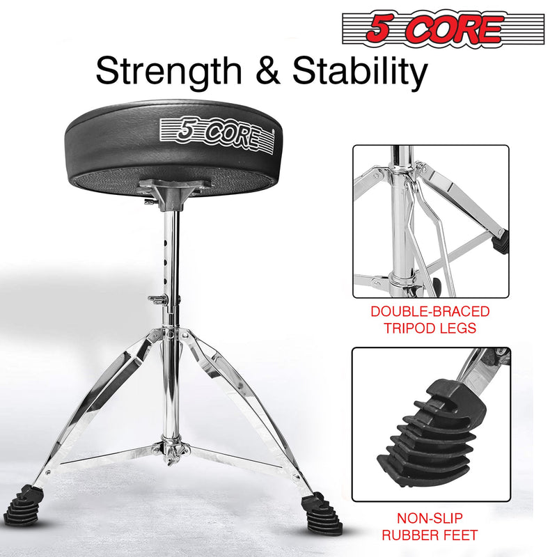 5 Core Drum Throne Black| Height Adjustable Padded Seat Drum Stool| Folding Portable Drummer Throne with Anti-Slip Feet| with two Drumsticks, Drum Chair for Kids and Adults- DS CH BLK-16