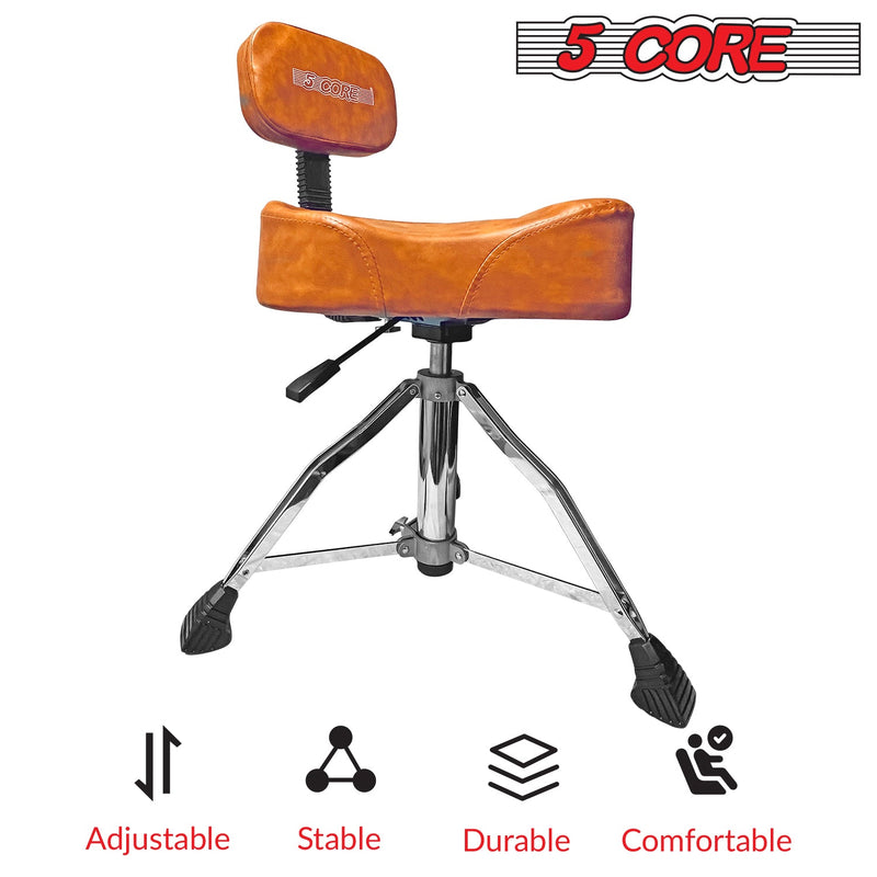 5 Core Drum Throne with Backrest Brown Thick Padded Saddle Drum Seat Comfortable Motorcycle Style Drum Chair Stool Air Adjustable Double Braced Tripod Legs for Drummers - DS CH BR REST-LVR-17