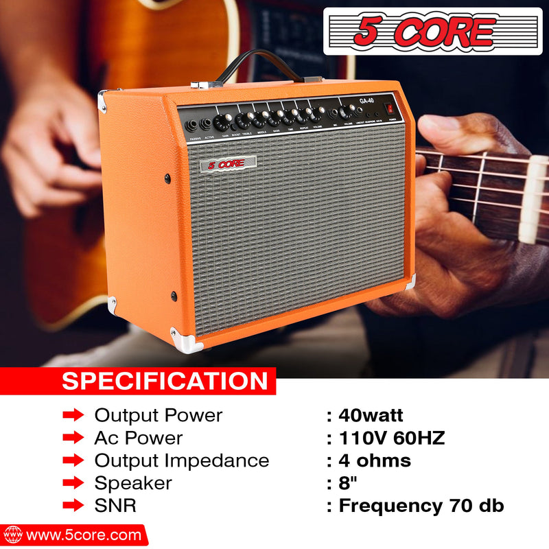 5 Core Guitar Amplifier Mini Bass Electric Guitar Amp 40W Portable Acoustic  Guitar Amp w Aux Input Volume Bass Treble Control -GA 40 ORG-12