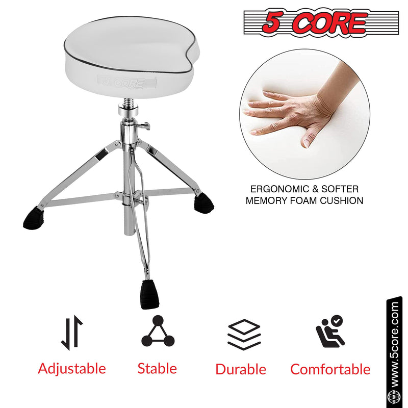 5 Core Drum Throne Saddle Heavy Duty Height Adjustable Padded Comfortable Drum Seat Stools Chair w Double Braced Anti-Slip Feet - DS CH WH SDL HD-7