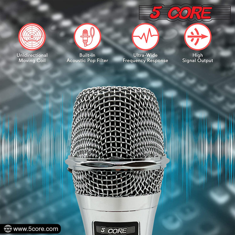5 Core Microphone Professional Dynamic Karaoke XLR Wired Mic w ON/OFF Switch Pop Filter Cardioid Unidirectional Pickup Micrófono -ND 909 CHROME-10