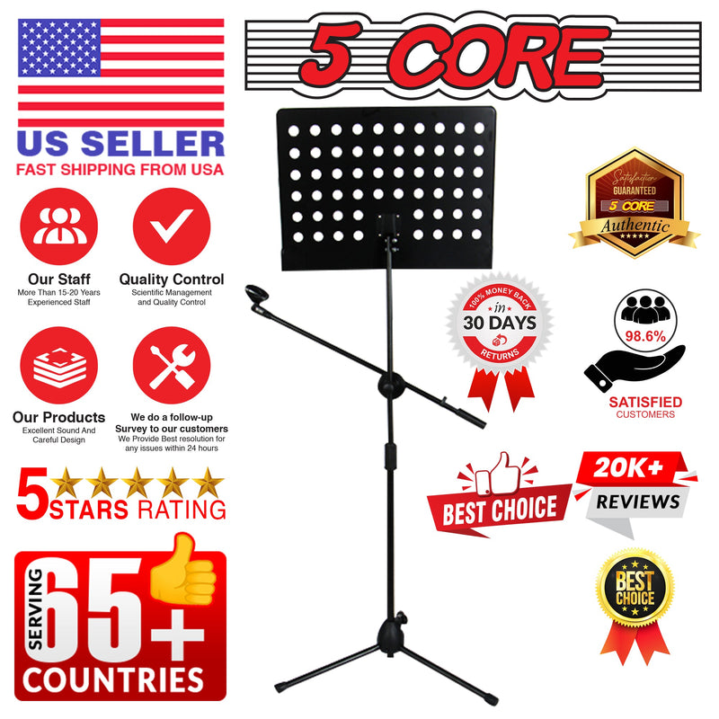 5 Core Sheet Music Stand With Mic Stand Holder - 3 IN 1 Professional Portable Music Stand with Folding Tray, Detachable Microphone Stand Dual-Use for Sheet Music & Projector Stand MUS MH-15