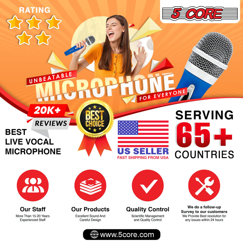 5 CORE Premium Vocal Dynamic Cardioid Handheld Microphone Unidirectional Mic with 12ft Detachable XLR Cable to inch Audio Jack and On/Off Switch for Karaoke Singing (Blue) PM 286 BLU-15