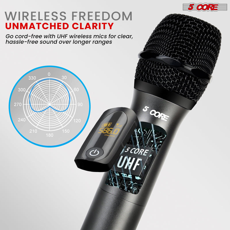 5 Core Wireless Microphones 210ft Range UHF Dual Karaoke Mic Cardioid Pickup Rechargeable Receiver Cordless Microfono Inalambrico Gray - WM UHF 02-GRAY-9
