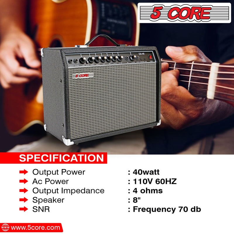 5 Core Guitar Amplifier Mini Bass Electric Guitar Amp 40W Portable Guitar Amp w Aux Input Volume Bass Treble Control -GA 40 BLK-12