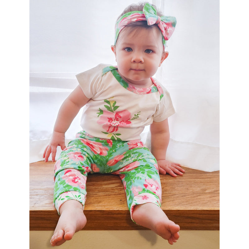 AnnLoren Baby Girls Layette Floral Onesie Pants Headband 3pc Gift Set Clothing-3