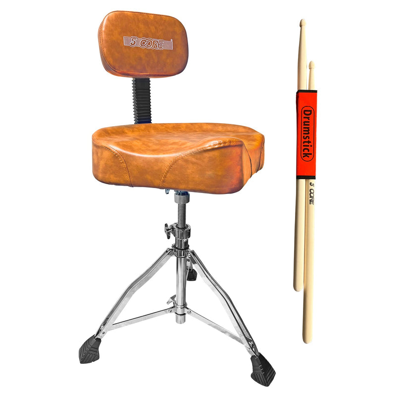 5 Core Drum Throne with Back Support Brown| Premium Height Adjustable Padded Drum Stool| Portable Drummer Throne with Anti-Slip Feet & Back rest| with two Drumsticks- DS CH BR REST-0