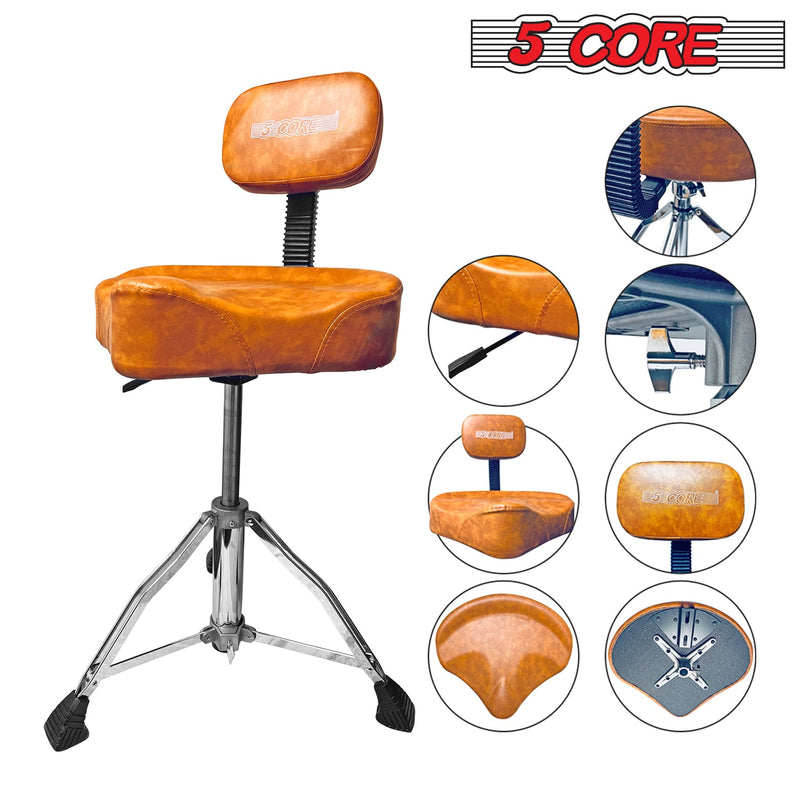 5 Core Drum Throne with Backrest Brown Thick Padded Saddle Drum Seat Comfortable Motorcycle Style Drum Chair Stool Air Adjustable Double Braced Tripod Legs for Drummers - DS CH BR REST-LVR-15
