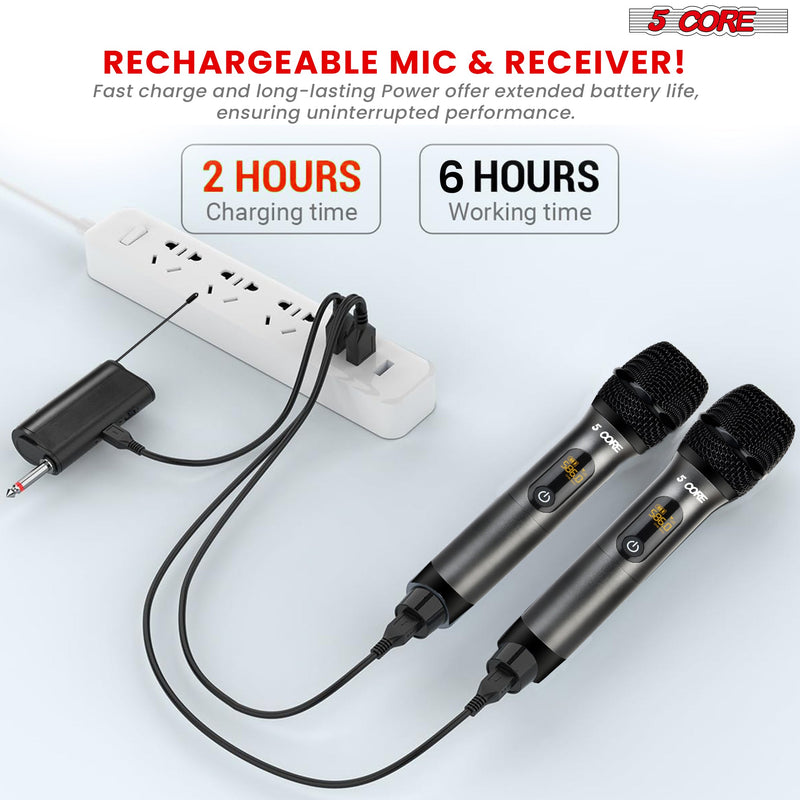 5 Core Wireless Microphones 210ft Range UHF Dual Karaoke Mic Cardioid Pickup Rechargeable Receiver Cordless Microfono Inalambrico Gray - WM UHF 02-GRAY-10