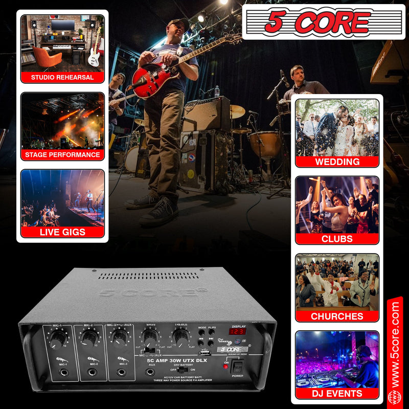5 Core Stereo Amplifier 30W Upgraded Karaoke Amp with Microphone Inputs 2 Channel PA Speaker Audio Amplifier Outdoor and Home -AMP 30W-UTX-DLX-12