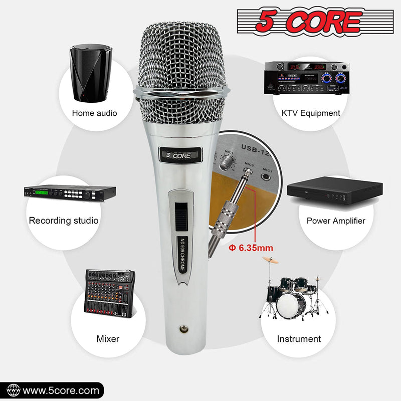 5 Core Microphone Professional Dynamic Karaoke XLR Wired Mic w ON/OFF Switch Pop Filter Cardioid Unidirectional Pickup Micrófono -ND 909 CHROME-11