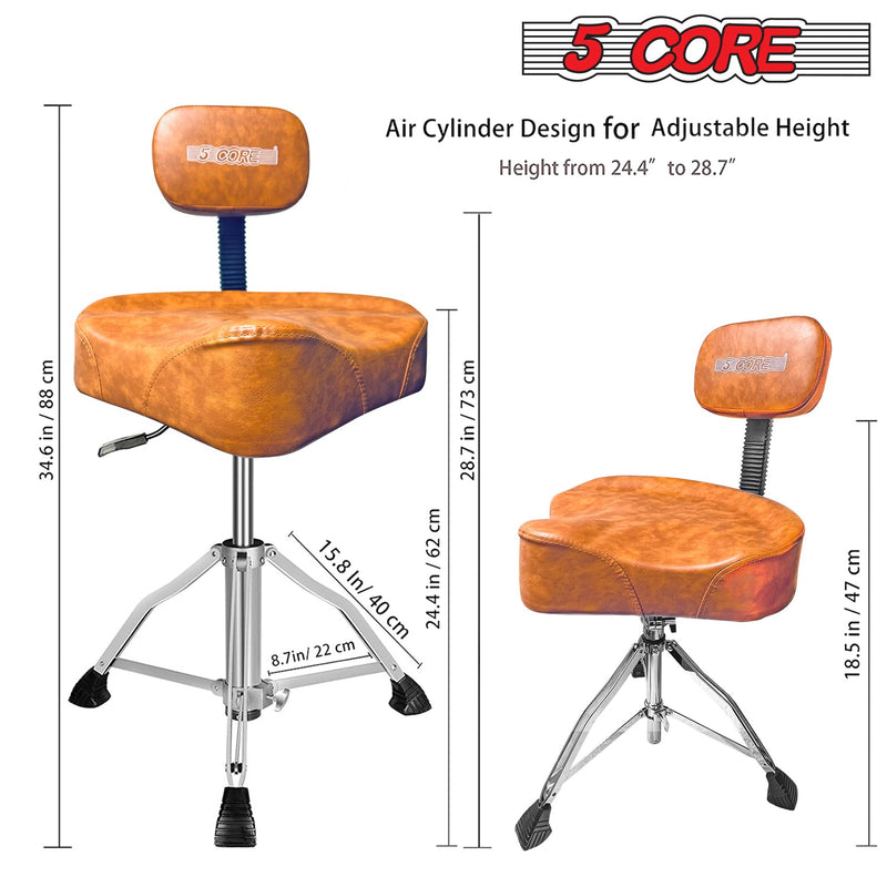 5 Core Drum Throne with Backrest Brown Thick Padded Saddle Drum Seat Comfortable Motorcycle Style Drum Chair Stool Air Adjustable Double Braced Tripod Legs for Drummers - DS CH BR REST-LVR-10