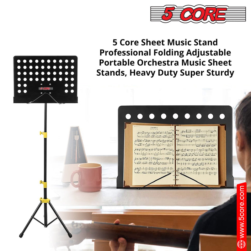 5 Core Sheet Music Stand Professional Folding Adjustable Portable Orchestra Music Sheet Stands, Heavy Duty Super Sturdy MUS YLW-14