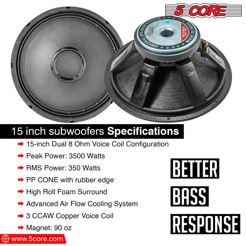 5 CORE 15 Inch Subwoofer Speaker 3500W Peak High Power Handling 350W RMS 15" Replacement 8 Ohm Pro Audio DJ Sub Woofer w/ CCAW Voice Coil Aluminum Frame 90oz Magnet - 15-185 AL 350W-13