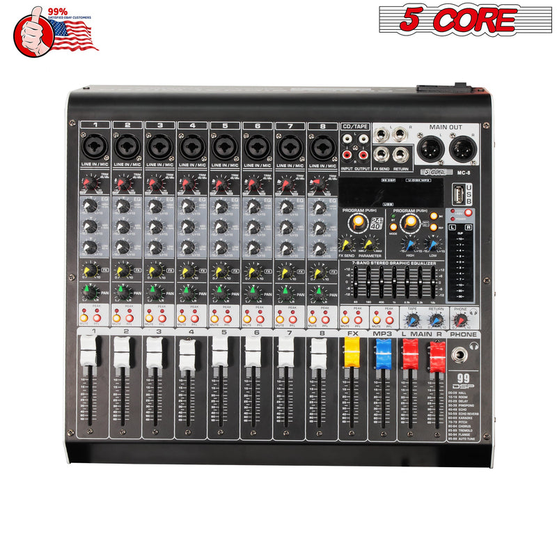 5 Core Audio Mixer 8 Channel DJ Equipment Digital Sound Board Karaoke XLR Mixers Professional Bluetooth USB Interface w Effects for Recording Music Studio PC Podcast Instrument Consola DJ - MX 8CH L-9