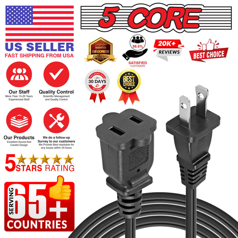 5 Core 2 Prong Extension Cord 15ft Durable Two Prong Extension Cable US AC 2 Prong Christmas Light Extension Cord Outdoor Plug Extender -EXC BLK 15FT-12