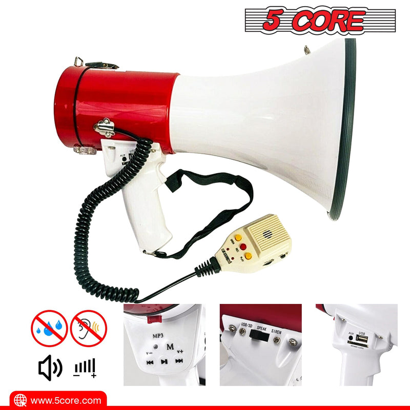 5 Core Megaphone Speaker| 25W Bullhorn Clear & Far Reaching Sound- Multi-Function with REC, Siren, Volume Control |AUX, USB, SD Input| Handheld Mic with ergonomic Grip| for Indoor & Outdoor Use- 66SF-7
