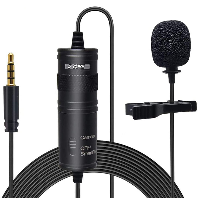 5 Core Professional Grade Lavalier Clip On Microphone| Premium Lav Mic for Camera, Phone, GoPro Video Recording | Compact Noise Cancelling 3.5mm Tiny Shirt Mic with Easy Clip and Windscreen- CM 001-0