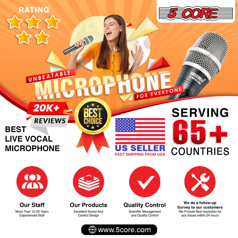 5 Core Microphone Professional Dynamic Karaoke XLR Wired Mic w ON/OFF Switch Pop Filter Cardioid Unidirectional Pickup Handheld Micrófono -ND-7800X-15