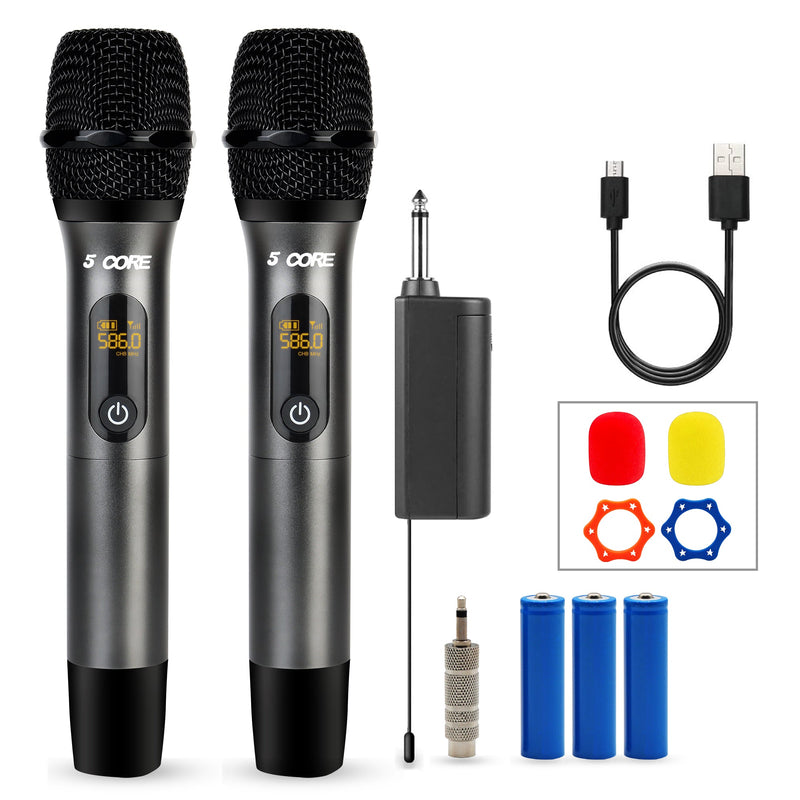 5 Core Wireless Microphones 210ft Range UHF Dual Karaoke Mic Cardioid Pickup Rechargeable Receiver Cordless Microfono Inalambrico Gray - WM UHF 02-GRAY-0