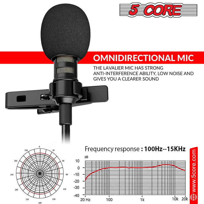 5 Core Professional Lavalier Microphone | Omnidirectional Condenser Mic with Adapter| for Podcasting, Recording, Vlogging, Compatible with Smartphone, DSLR, Camera, PC, Computer, Laptop- CM-WRD 50-6