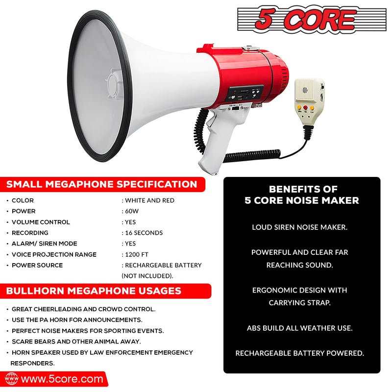 5 Core Megaphone Bull Horn 60W Loud Siren Noise Maker Professional Bullhorn Speaker Rechargeable w Handheld Mic Recording USB SD Card Adjustable Volume for Sports Speeches Events Emergencies -77SF-3