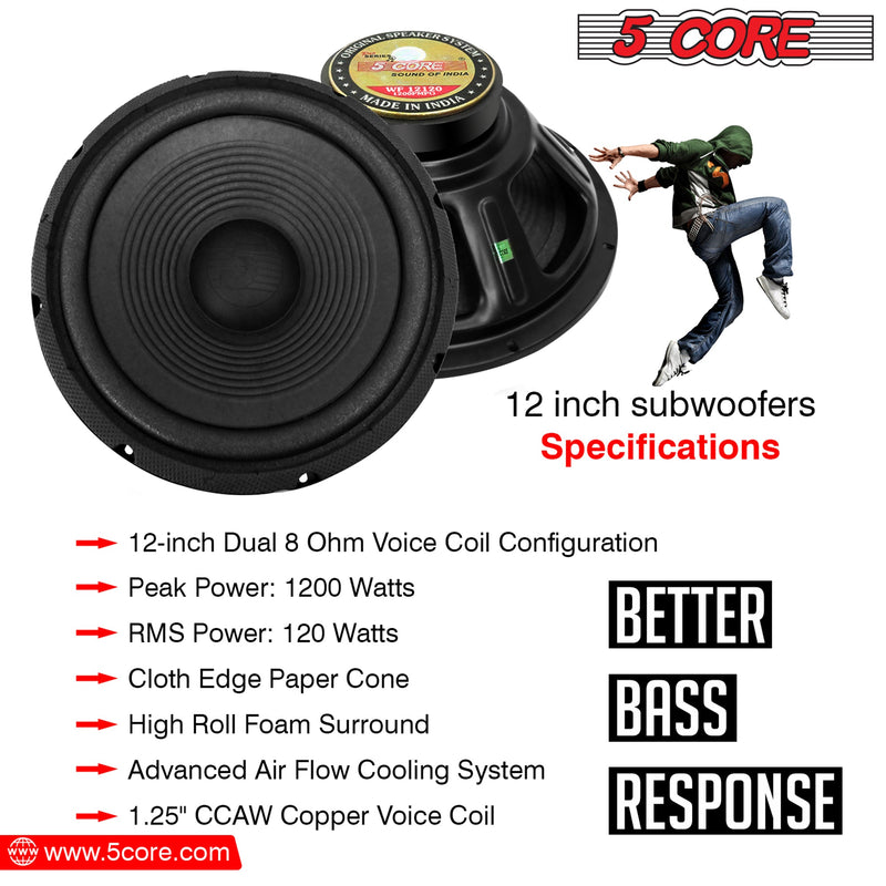 5 Core 12 Inch Woofer 120W RMS Subwoofer Speakers Massive 1200W PMPO High Power Replacement Woofer Pro Audio DJ Sub Woofer w CCAW Voice Coil 8 Ohm 23 Oz Y30 Magnet - WF 12120-1