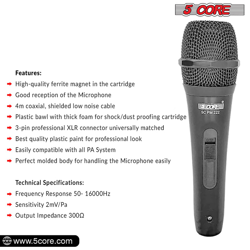 5 Core Karaoke Microphone Dynamic Vocal Handheld Mic Cardioid Unidirectional Microfono w On and Off Switch Includes XLR Audio Cable Mic Holder -PM-222-4