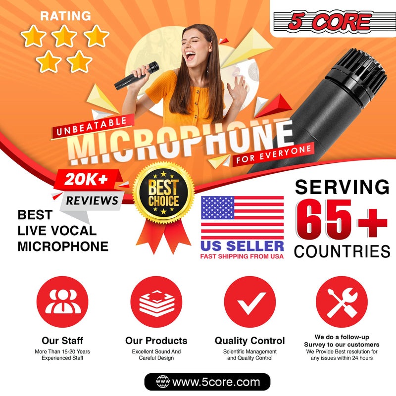 5 Core Microphone Professional Black Dynamic Karaoke XLR Wired Mic w Integrated Pop Filter Cardioid Unidirectional Pickup Handheld Micrófono -ND-57X-9