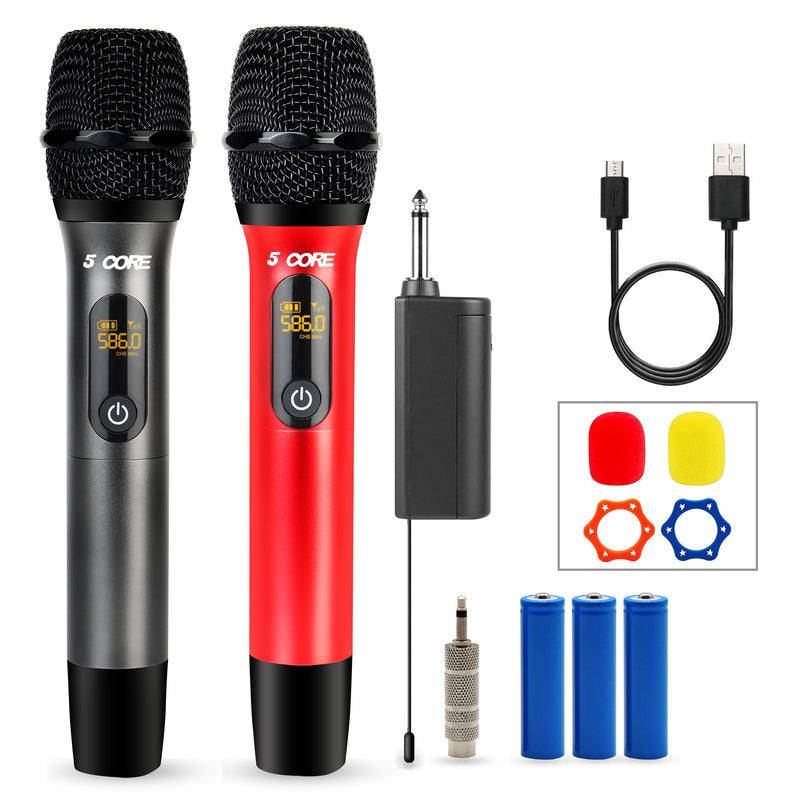 5 Core Wireless Microphones 210ft Range UHF Dual Karaoke Mic Cardioid Pickup Rechargeable Receiver Cordless Microfono Inalambrico Red & Gray - WM UHF 02-RED+GRAY-0
