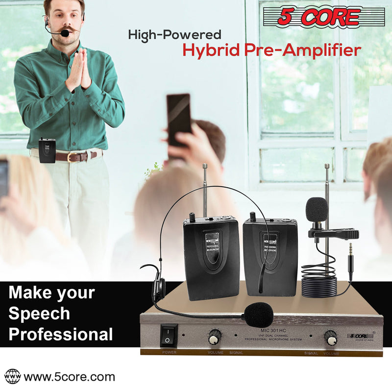 5 Core Dual Channel Wireless Microphone System w Headset Microphone for Speaking Portable Cordless VHF Microfone System Microfono Profesional -WM 301 HC-17