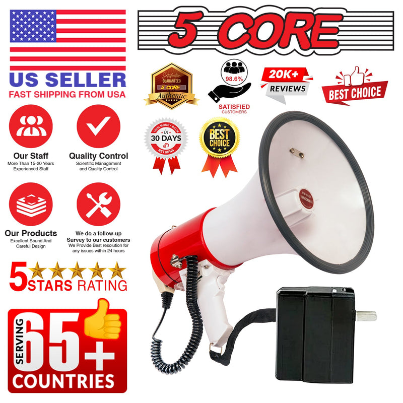 5 Core Megaphone Bull Horn 50W Loud Siren Noise Maker Professional Bullhorn Speaker Rechargeable PA System w Recording USB SD Card Adjustable Volume for Coaches Speeches Events Emergencies - 66SF WB-12