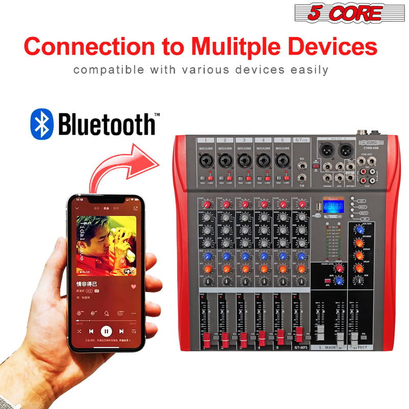5 Core Audio Mixer DJ Equipment Digital Sound Board Karaoke XLR Mixers Professional 6 Channel Bluetooth USB w Effects for Recording Music Studio PC Podcast Instruments Consola De Sonido - MX 6CH-7