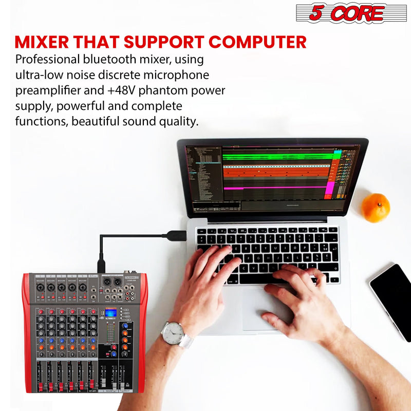 5 Core Audio Mixer DJ Equipment Digital Sound Board Karaoke XLR Mixers Professional 6 Channel Bluetooth USB w Effects for Recording Music Studio PC Podcast Instruments Consola De Sonido - MX 6CH-8