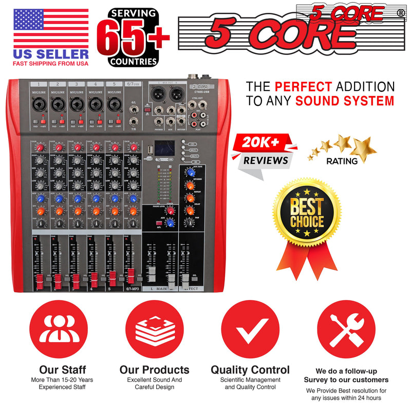 5 Core Audio Mixer DJ Equipment Digital Sound Board Karaoke XLR Mixers Professional 6 Channel Bluetooth USB w Effects for Recording Music Studio PC Podcast Instruments Consola De Sonido - MX 6CH-9