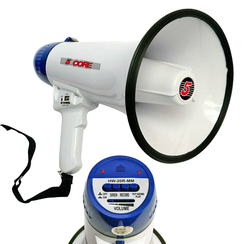 5 Core Megaphone Bull Horn 20W 300M Range Loud Speaker Portable PA Horn w Recording Volume Control Bullhorn Siren Cheer Noise Maker for Coaches Sporting Event Party Crowd Control -20R-USB WoB-0