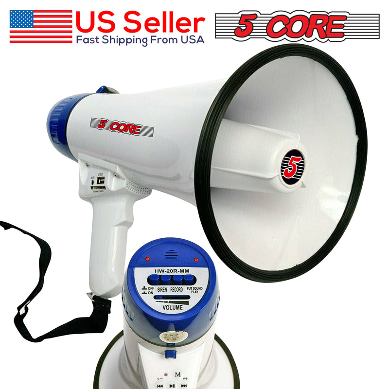 5 Core Megaphone Bull Horn 20W 300M Range Loud Speaker Portable PA Horn w Recording Volume Control Bullhorn Siren Cheer Noise Maker for Coaches Sporting Event Party Crowd Control -20R-USB WoB-12