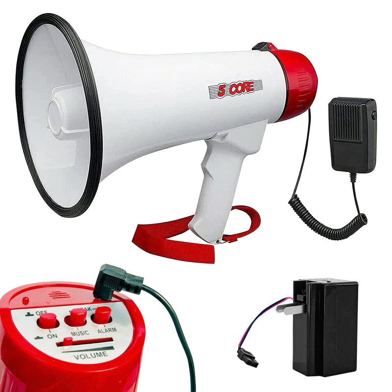 5 Core Megaphone Speaker 40W Portable Bullhorn White Color| Rechargeable, Siren Mode, Recording, Detachable Mic | Perfect for Outdoor Events, Cheerleading, Kids, Safety Drillss- 20RF WB-1