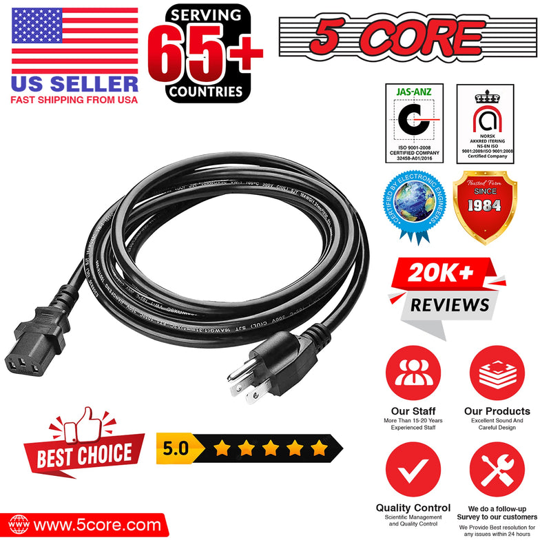 5 Core Extra Long AC Wall Power Cord for Led TV Computer PS3 - PS5 6Feet 3 Prong PC 1001-22