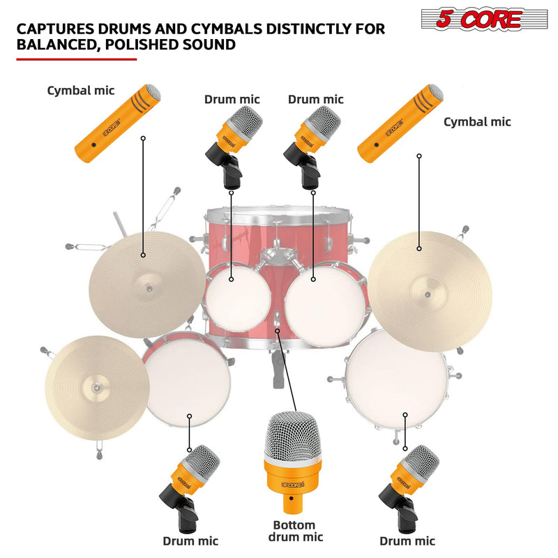 5 Core Drum Microphone Kit 7 Piece Wired Full Metal Dynamic Wired drums Mic Set for Drummers w/ Bass / Tom / Snare + Carrying Case / Sponge & Mic Clamp for Vocal & Other Instrument YLW -DM 7ACC YLW-8