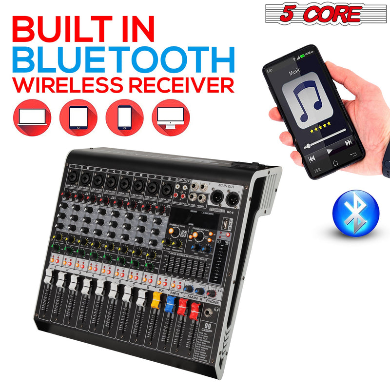 5 Core Audio Mixer 8 Channel DJ Equipment Digital Sound Board Karaoke XLR Mixers Professional Bluetooth USB Interface w Effects for Recording Music Studio PC Podcast Instrument Consola DJ - MX 8CH L-2
